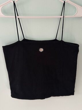 American Eagle Outfitters Black Spaghetti-Strap Crop Top with Daisy Motif